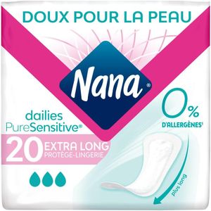 Nana PureSensitive Extra Long Protège-Lingerie - Protège-Slip et Absorbant pour Peaux Sensibles - 0 % Allergène*, Parfum, Colorant - 20 (L'emballage peut varier)