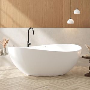 FerdY Lamu 63" Stone Resin Freestanding Bathtub, Gracefully Shaped Freestanding Bathtub, Solid Surface Soaking Tub, Matte White, cUPC Certified, Pop-up Drain and Integrated Slotted Overflow