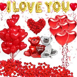 Golray 40 Pack I Love You Balloons and Heart Balloons Kit with 1000 Pcs Dark-Red Silk Rose Petals Wedding Flower Decoration Love-Bear Red Heart Balloons for Valentine Day Decorations