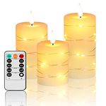 Flameless Candles-Flickering Candles- Battery Candles-electric candles . Candles inlaid with string lights flickering candles with Remote and Timer.For Seasonal and Festival Celebration’s candles（Set of 3）