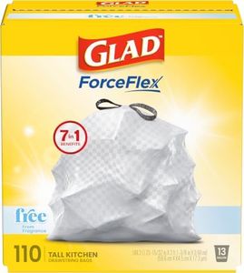 Glad ForceFlex Tall Kitchen Drawstring Trash Bags, 13 Gal, Fragrance Free, 110 Ct (Package May Vary)