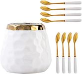 Tregoer Coffee Spoon Set,Ceramic Jar with 8 Small Spoons for Coffee,Tea,Ice Cream,Cake,Flatware Set (White gold jar+8 spoons)