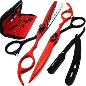 Saaqaans MSS-04 Stylish Hairdressing Scissors Set - Hair Cutting Scissor for Barber/Hairdresser/Hair Salon + Texture/Thinning Haircut Shear for Beautician + Straight Edge Razor + 10 Blades with Case (Red & Black Set AU)
