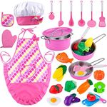 INNOCHEER Kids Kitchen Cooking Playing Set, 26 PCS Kids Aprons for Girls Toddler Chef Hat Apron Dress Up Chef Costume, Kids Baking Gift for 3 4 5 6 Year Old Girls Boys