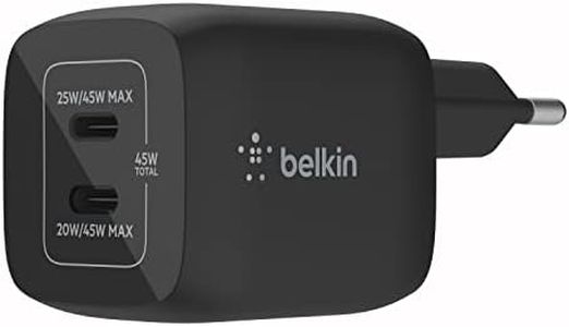 Belkin Cargador de Pared Doble USB tipo C de 45 W, Carga Rápida 3.0 con Tecnología GaN, cargador USB para iPhone 15, 14, 13, Pro, Pro Max, iPad Pro, Air, MacBook, Galaxy S24, Google Pixel, Negro
