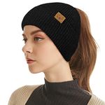 WharFlag Ponytail Toque for Women – Maple Leaf Ponytail Beanie Hat Winter Warm Cable Knitted Messy Bun Hats Tuque Femme Hiver Black