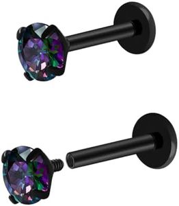 Pierstyles 16G 18G Titanium Internal Thread CZ Stud Earrings Flat Back, Silver Black Tragus Helix Conch Cartilage Piercing Jewelry for Women Men 6mm 8mm 10mm Labret Studs 2PCS (Black, 16g, 10mm bar, 5mm Black CZ)