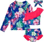 Funnycokid Toddler Swimsuit Girl 2T 3T Rash Guard Bikini Sets 4 Piece Floral Tropical Hawaiian Ruffle Long Sleeve Bathing Suits Swimwear 2-3T