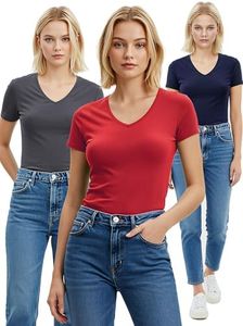 Emmalise Women's Plain Short Sleeve V Neck T Shirt(3P-Red/Chrcl/Nvy-2X)