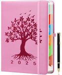 2025 Diary A5 Day Per Page, Jan-Dec, Tree of Life Design, Full Year Daily Planner with Colorful Monthly Tabs, Pen Set & Fine Inner Pocket, 5.9" × 8.5" - Pink