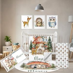 Terwex Personalized Baby Crib Bedding Set, 5 Pcs Custom Name Nursery Bedding Set, Mushroom Baby Bedding Set for Girls Boys, Double Layer Flannel Baby Crib Set, Toddlers Kids Infants Customized Gifts
