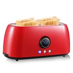 Toaster 4 Slice JEWJIO, 1.5” Extra Wide Long Slots, 1300W Stainless Steel with LCD Timer, Defrost/Reheat/Cancel/Bagel, 6 Browning Levels, Removable Crumb Tray, Ideal for Bagels, Waffles, Red