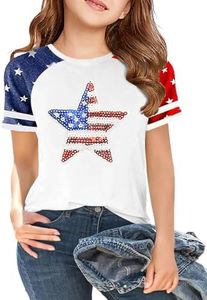 Ithalt Kids USA Shirts for Girl 4th of July Shirts American Flag Tshirt Patriotic Top Independence Day Outfit 5-13y(BSparkleWhite,150)