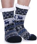 EBMORE Mens Slipper Fuzzy Socks Fluffy Winter Cabin Cozy Warm Soft Fleece Thick Comfy Christmas Gift Stocking Stuffers with Grips(Dark Blue Deer)