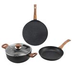 Vinod Zest Plus Die Cast Non Stick Cookware Set Combo 3 Pieces | Kadai With Lid, Frypan Dosa Tawa | 5-Ply Aluminum Layer (5Mm Thick) | Gas & Induction Base | 2 Year Warranty, Black