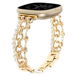 REALSIGN Pearl Beaded Band Compatible with Fitbit Versa 3/Versa 4/Sense/Sense 2 Bands for Women,Dressy Wristband Stylish Gold Love Shape Link Chain Cute Strap Jewelry Bracelet Girl (Heart Shape-Gold)