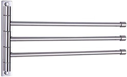 kimzcn Swivel Towel Bar 3-Arm Bathroom Towel Holder Wall-Mounted Swing Out Towel Rack with Hooks Rustproof Polished Finish