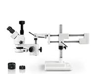 Walter Products Trinocular Zoom Stereo Microscope, 10x Widefield Eyepiece, 0.7X—4.5X Zoom Range, 7X—45x Magnification Range, Double Arm Boom Stand 5MP Digital Camera