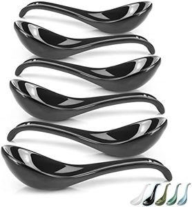 Artena 6.75-inch Asian Soup Spoon Set of 6, Ultra-fine Porcelain Japanese Soup Spoon, Black Ramen Spoons for Pho Noodles Miso, Chinese Soup Spoons for Dumpling Wonton Cereal, Deep Oval Hook Design