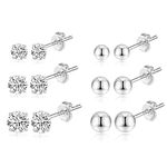 6 Pairs Small Sterling Silver Stud Earrings Set for Women Hypoallergenice Cubic Zirconia Earrings & Ball Stud Earrings Pack