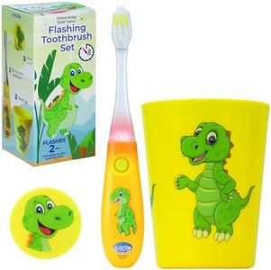 Lily's Home Kids Toothbrush with Flashing Timer and Soft Bristles, Rinsing Cup & Cover - Fun 2-Min Light-Up Timer for Children - Toddler Soft Toothbrush Kit (Dinosaur)
