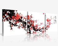 NAN Wind Small Size Traditional Chinese Painting of Red Plum Blossom Canvas Prints 3 Pcs Calligraphy Art Paintings Wall Art Poem Print Painting Framed 12x12inches 3pcs/Set