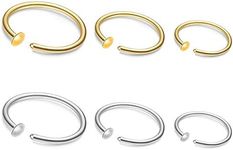 ZogCowy 6Pcs 22G Gold Nose Ring Hoop Surgical Steel Small Thin Cartilage Nose Ring Tiny Snug Fit Nose Piercing Jewelry 6mm 7mm 8mm Adjustable, Metal