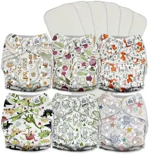 Mama Koala 3.0 Cloth Diapers for Babies with AWJ Lining, 6 Pack with 6 5-Layer Natural Cloth Diaper Inserts - Reusable and Washable Pocket Diapers(A-Happy Fox)