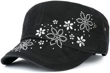 ililily Crystal/Black Gemstone Flower Vintage Military Army Hat Short Brimmed Cadet Cap, Black/Crystal
