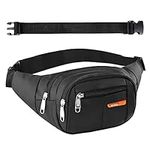 KOMINZZ 4 Pockets Bum Bag Fanny Pack Bumbags for Ladies Large Capacity Waist Bag Waist Packs Mens with 35cm Extended Belt for Sport Dog Walking Running Hiking Cycling Travel (Black)