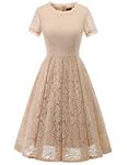 Christmas Dresses for Women, Wedding Guest Dress, Tea Length Mother of The Bride Dresses, Lace Bridesmaid Dress, Semi Formal Cocktail Dresses, Evening Party Formal Dress with Sleeves Champagne L