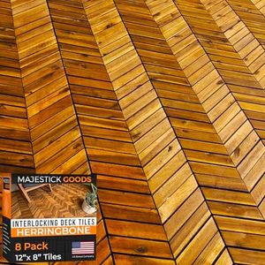 Majestick Goods Interlocking Deck Tiles 12" X 9" Herringbone 6 Square Feet - Non Slip Acacia Wood Tiles for Patios - Deck, Balcony and Balcony Floor Tiles -