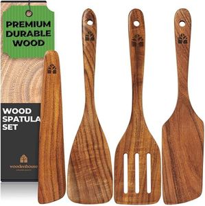 Wooden Spatula for Cooking, Kitchen Set of 4, Kitchen Gifts for Mom, Natural Teak Wooden Utensils including Paddle, Turner Spatula, Slotted Spatula and Wood Scraper. Nonstick cookware.