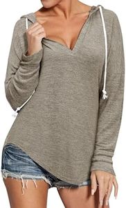 Ezcosplay Women Deep V Neck Solid Pullover Hoodies Casual Lightweight Drawstring Loose Hooded Sweatshirt Khaki