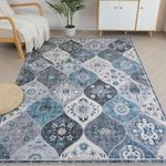 BRICHOEE Moroccan Machine Washable Rug, 4x6 Floral Printed Traditional Accent Blue Rug, Oriental Non-Slip Floor Indoor Vintage Carpets for Bedroom Living Room Dining Room