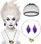 Sea Witch Wig+Shell Necklace+Earrings Accessories for Women Wicked Undersea Witch Cosplay, Short Silver White Grey Layered Crazy Wig+Wig Cap for Halloween Costume Cosplay