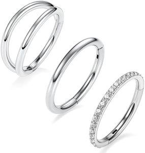 AROWRO Nose Rings Hoops 3 Pcs Conch Piercing Jewelry Surgical Steel Cartilage Earrings for Women Men 20G 10mm Silver Septum Rings with CZ Helix Daith Rook Tragus Piercing Jewelry