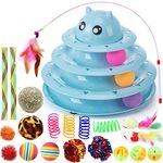 Suhaco 21 Pack Cat Toys for Indoor Cats Interactive Kitten Toy Fun Roller 3 Level Cat Teaser Ball Toys with Catnip Ball Cat Feather Wand Kitty Toy for Boredom (Blue)