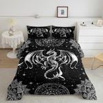 Castle Fairy Dragon 3 Pcs Queen Size Comforter Set,Mysterious Animals Down Alternative Adults Bedroom Decor,Bohemian Lotus Constellation Starry Sky Ultra Soft Microfiber Inner Fill 3Pcs Bedding