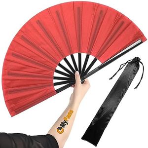 OMyFans Large Rave Folding Hand Fan - Foldable Chinese Tai Chi Kung Fu fan - Ideal for Festivals, EDM, Dancing, Hot Flashes, Church and Gifts (Red)