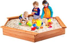 HONEY JOY Kids Sandbox with Cover, Hexagon Wooden Bottomless Sand Pit Play w/Liner & Lid, Outdoor Sand Boxes for Kids Backyard