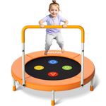 3FT Toddler Trampoline with Adjustable Handle - 36” Foldable Mini Trampoline for Kids Baby Ages 1-6, ASTM Certified Indoor Rebounder, Geometric Jump Mat, No-Gap Quiet Elastic Bands, Max Load 100 LBS