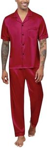 ReliWel Men's Silk Satin Pajamas Set 2 Piece Classic Button Down Sleepwear Loungewear Short Sleeve Pjs Tops with Long Pants, Wine Red, Large