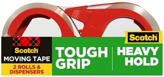 Scotch Tough Grip Moving Packaging Tape, 1.88" x 54.6 yd, Strong Hold on All Box Types Including Recycled, Secures Boxes up to 80 lbs, 3" Core, Clear, 2 Rolls with 1 Dispenser (3500-2-1RD)