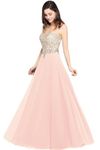 MisShow Sheer Neck Rhinestone Gold Lace Long Formal Evening Gown, Pink, Small
