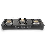 AGARO Elite 3 Burners Gas Stove, Toughened GlassTop, Round Brass Burners, 1 Small, 1 Medium & 1 Big Size Burner, Spill Proof Fixed Drip Tray, Manual Ignition, Kitchen Use, Regular Cooking Use, Black