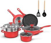 imarku Pots and Pans Set,11PC Kitchen Cookware Set Nonstick, Cooking Pot Pan Set with Stay-Cool Handle,PFOA Free Pans Set with Granite Coating,Red