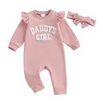 Carolilly Newborn Baby Girl Outfits 2Pcs Outfits Clothing Set Daddy's Girl Fuzzy Letter Embroidery Long Sleeve Romper Bodysuit Round Neck Jumpsuit Toddler Clothes+Headband (Pink, 6-12 Months)