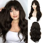 BARSDAR Long Dark Brown Wigs with Bangs for Women - 26 Inch Long Wavy Wig With Bangs Soft Synthetic Hair Replacement Wigs Cosplay Natural Looking Daily Party Halloween - Dark Brown