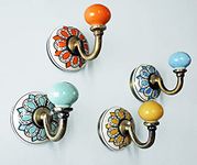 Ariko Decor- Artisan Assorted Floral Design Colourful Wall Hooks for Hanging Clothes, Jewellery, Bathroom Kitchen Towel Hook- Pack of 4, Ceramic
